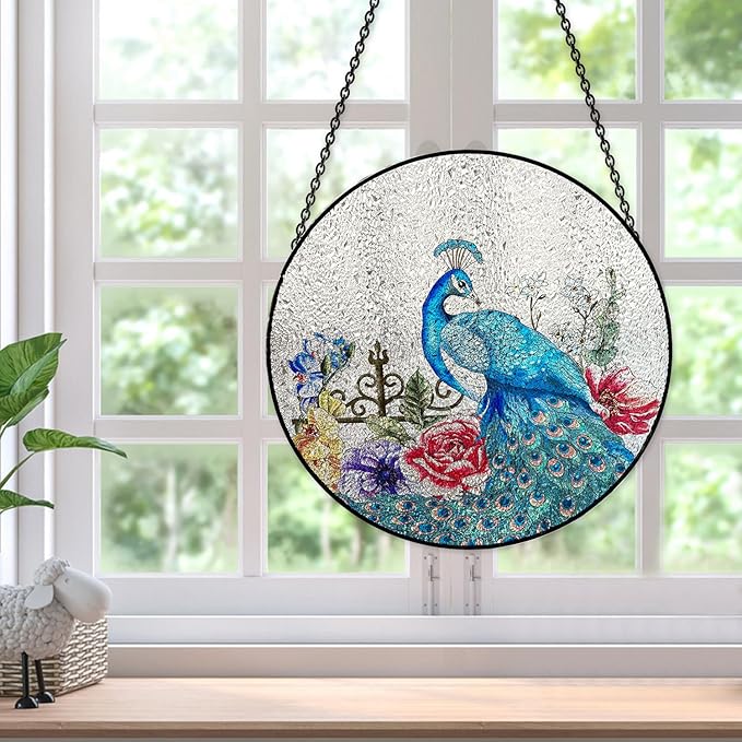 Peacock Hanging Stained Glass for Windows,20cm/7.87inch Stained Glass Suncatcher Garden Hangings Christmas Mother's Day, Valentine's Day Ornaments Festival Gift (Style B)