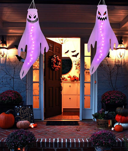 Geefuun 2PCS Purple Halloween Fierce Ghost Windsocks Hanging Decorations -43 Inch Flag Wind Socks for Home Yard Outdoor Decor Party Supplies (Batteries Not Included,No Timer)