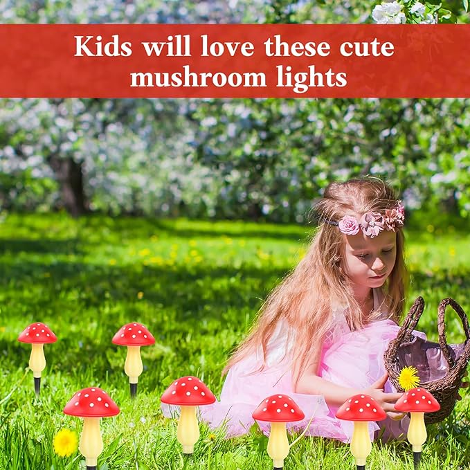 ReyeeInc Mushroom Solar Lights Outdoor Waterproof, Whimsical and Cute Solar Mushrooms Stake Lights for Outside with 8 Lights and 8 Modes for Fariy Garden Yard Lawn Path Planter Flower Bed Decor (Red)