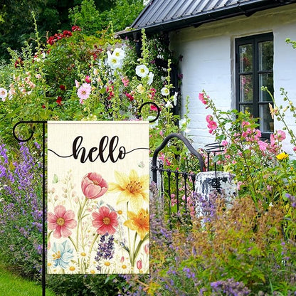 Spring Flowers Garden Flag for Outside,Hello Spring Garden Flag Yard Lawn Porch Flags for Outdoor Decorations 12x18 Inch Double Sided