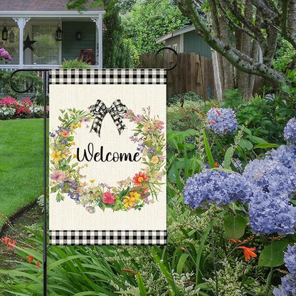 Welcome Spring Garden Flag for Outside,Floral Wreath Spring Garden Flag Yard Lawn Porch Flags for Outdoor Decorations 12x18 Inch Double Sided