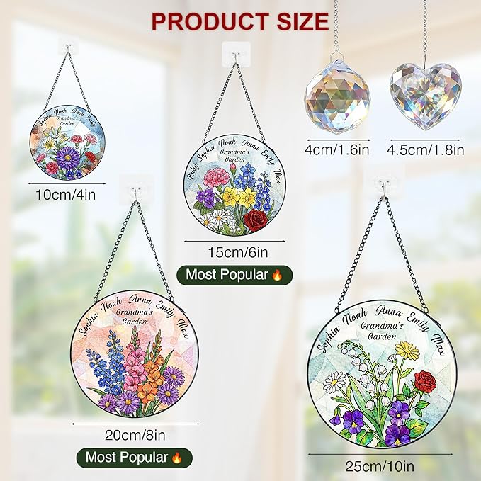 Personalized Mothers Day Stained Glass Gifts for Grandma, Custom Flower Windows Hanging with Kids Name, Suncatcher Ornament Decor Mom Gift from Daugher