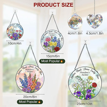 Personalized Mothers Day Stained Glass Gifts for Grandma, Custom Flower Windows Hanging with Kids Name, Suncatcher Ornament Decor Mom Gift from Daugher