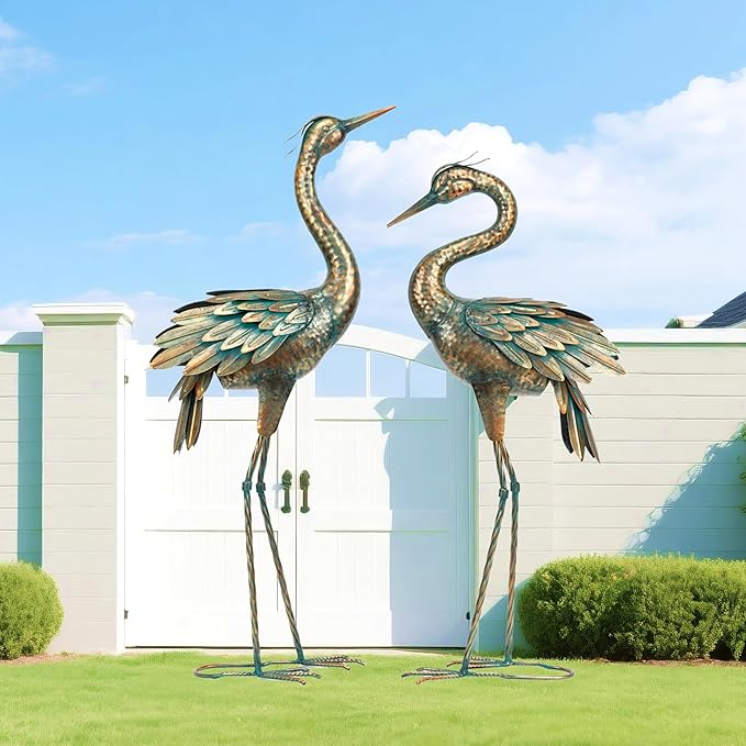 Shorayn Metal Crane Garden Statue, Garden Sculptures & Statues, Bronze Crane Ornaments Yard Art for Backyard Patio Lawn Decorations