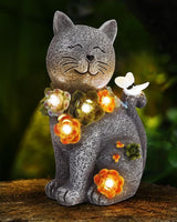 Vuees Solar Garden Statues Outdoor Decor, 6 LED Cat Flowers Butterfly Figurine Lights, Waterproof for Balcony Patio Porch Lawn Yard Ornament Art - Gift Ideas for Housewarming Gardening Grandma Women