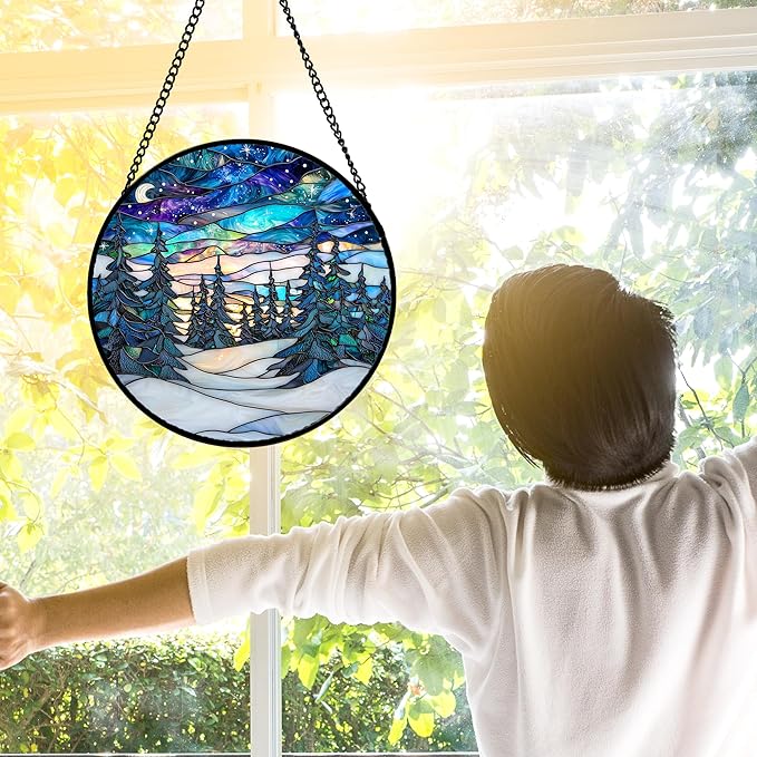 DASTOLL Stained Glass Window Hanging, Starry Sky Trees and Snow Sun Catchers Glass Panel Blue Suncatcher Decor for Birthday for Women, Men, Wife, Aunt, and Mom 6.3 in