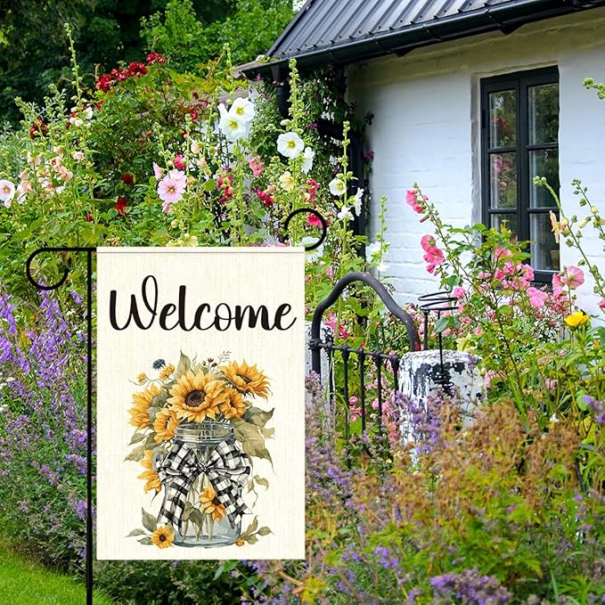 Spring Sunflower Garden Flag for Outside,Welcome Spring Garden Flag Yard Lawn Porch Flags for Outdoor Decorations 12x18 Inch Double Sided