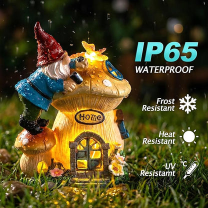 Garden Gnome Statues Figurine Lights - Solar Powered Lighting Outdoor Decorations, Gnome Build Mushroom Fairy House, Yard Art Lawn Ornaments for Porch Patio Balcony - Gnome Gifts for Women Mom