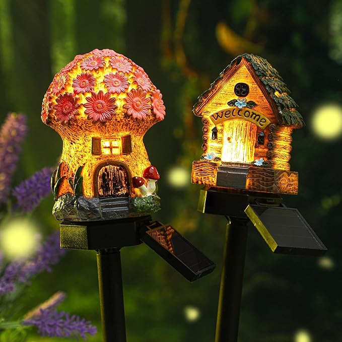 Rossesay 2 Pack Mushroom Fairy House Solar Light Spring Outdoor Garden Home Statue LED Light Fairy Lights for Outside Spring Garden Lawn Walkway Patio Yard Backyard Plant Decoration