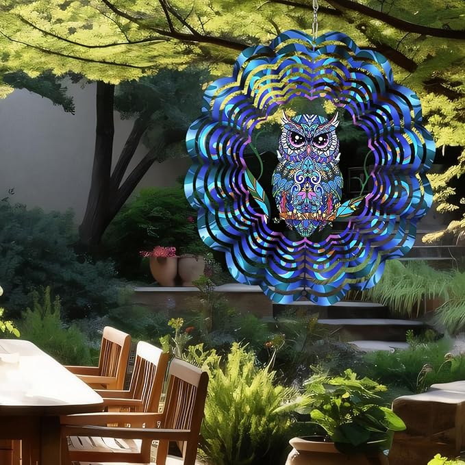 Wind Spinner Mandala 12 inch 3D Stainless Steel Laser Cut Metal Art Geometric Pattern Hanging Wind Spinner (owl)