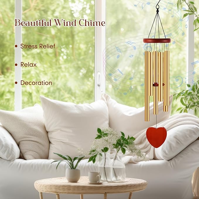Leinuosen Wind Chimes for Outside Wind Chimes Outdoors Deep Tones 28" with 6 Aluminum Tubes Memorial Sympathy Windchime for Valentine Tree Decor Garden Courtyard Mom Loved One Gifts(Heart,Gold)