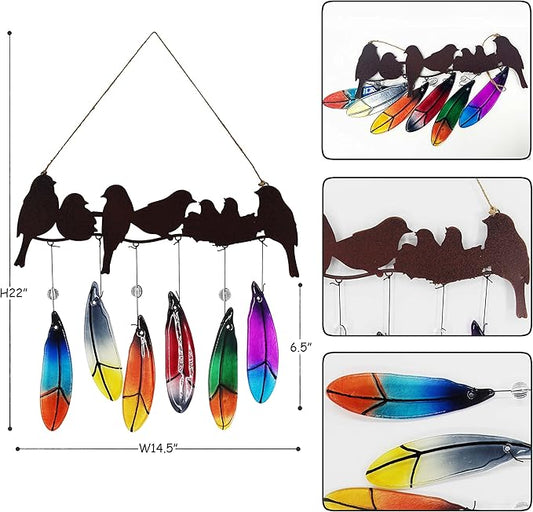 Wind Chimes for Outside with Handmade Glass Feather, Metal Bird Art Ornaments Pendant Windchimes Outdoors Hanging for Indoor Outdoor Yard Patio Porch Decoration, Birthday Gifts for Mom