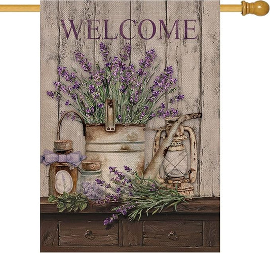 Hzppyz Welcome Spring Summer House Flag Lavender Flower Bucket, Floral Decorative Garden Yard Lawn Outdoor Large Burlap Flag Lantern Decor, Vintage Farmhouse Seasonal Outside Decorations Double Sided 28 x 40