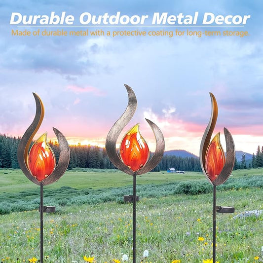 Asense Outdoor Metal Sculpture Art Decor Garden Solar Lights Pathway Stake, Solar Powered LED Lights for Lawn Patio Courtyard, Flame Shape
