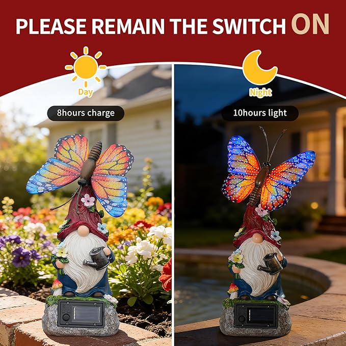 WSgift Garden Gnome Statues Solar-Powered Butterfly Resin Figurine Waterproof Outdoor Decor Mother's Day Orange
