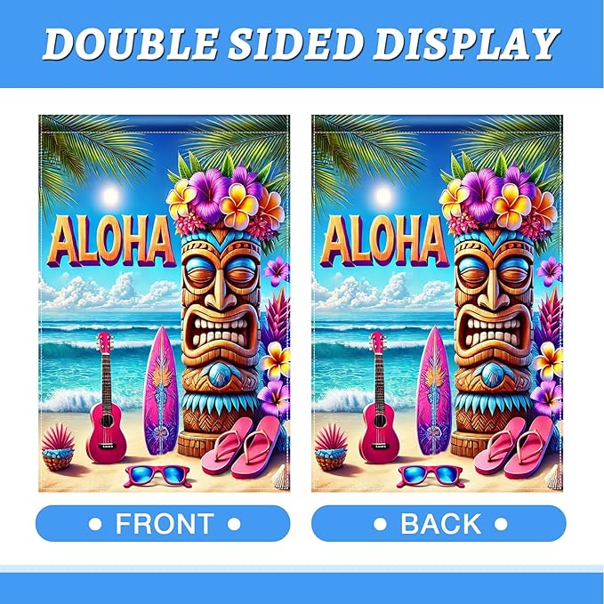 BlissYard Aloha Tiki Garden Flag 12x18 Double Sided Vertical Outdoor Decor Tropical Island Beach Tiki Mask Surf Guitar Summer Yard Garden Lawn Patio Banner