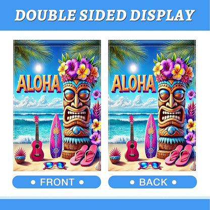 BlissYard Aloha Tiki Garden Flag 12x18 Double Sided Vertical Outdoor Decor Tropical Island Beach Tiki Mask Surf Guitar Summer Yard Garden Lawn Patio Banner