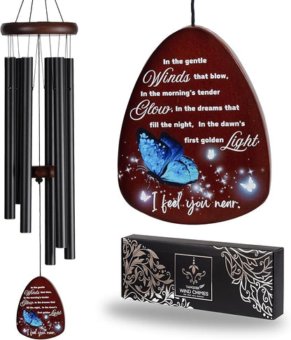 Memorial Wind Chimes for Loss of Loved One, Windchimes in Memory of a Loved One, Sympathy Gift Baskets, Bereavement Condolence Gifts, Memorial Gifts for Loss of Mom, 32" Sympathy Blue Butterfly, Black