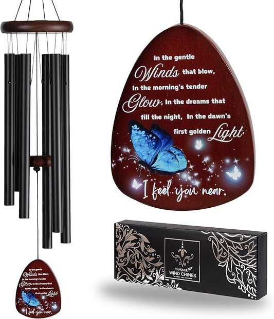 Memorial Wind Chimes for Loss of Loved One, Windchimes in Memory of a Loved One, Sympathy Gift Baskets, Bereavement Condolence Gifts, Memorial Gifts for Loss of Mom, 32" Sympathy Blue Butterfly, Black