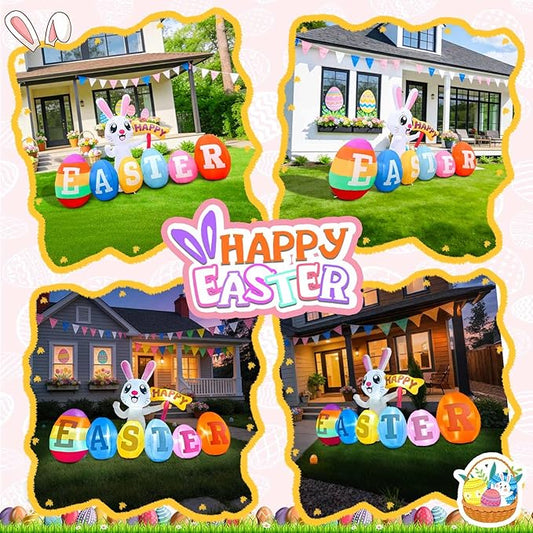 7FT Long Easter Inflatables Outdoor Decoration Inflatable Bunny with Happy Easter Built in LED Lights Bunny Blow Up Yard Decoration for Lawn Garden Holiday Party(with Storage Bag)