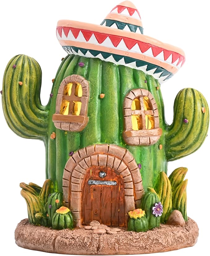 TERESA'S COLLECTIONS Garden Decor, Cactus Fairy House Cinco de Mayo Decor, Waterproof Resin Garden Statue, Cinco de Mayo Gift, Garden Gift, Indoor/Outdoor, 7.5"