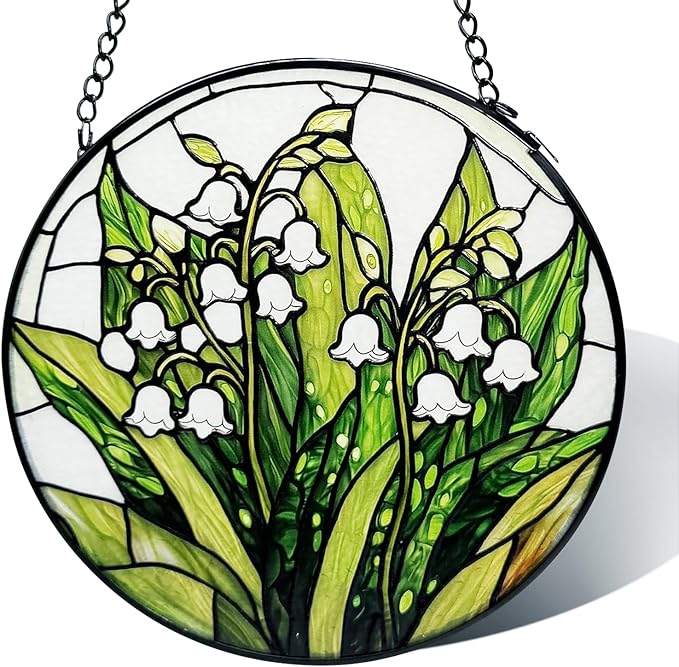 Stained Glass Window Hanging, Lily of The Valley Flower Diamond Glass Panel Suncatcher Green Plant Sun Catchers for Home Garden Balcony Window Decor, Plant Lover Gifts (7.8 Inch)