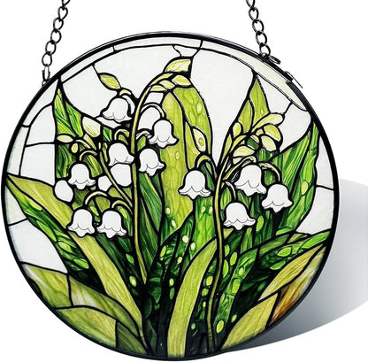 Stained Glass Window Hanging, Lily of The Valley Flower Diamond Glass Panel Suncatcher Green Plant Sun Catchers for Home Garden Balcony Window Decor, Plant Lover Gifts (7.8 Inch)