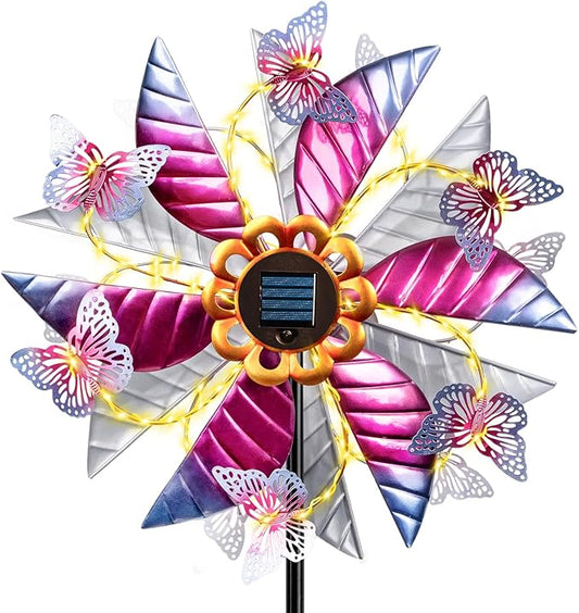 Solar Wind Spinner Outdoor Metal - Large Kinetic Garden Wind Spinners with Solar LED Lights, Waterproof Butterfly Yard Art Sculptures & Spinners for Patio, Lawn, Pathway, Backyard