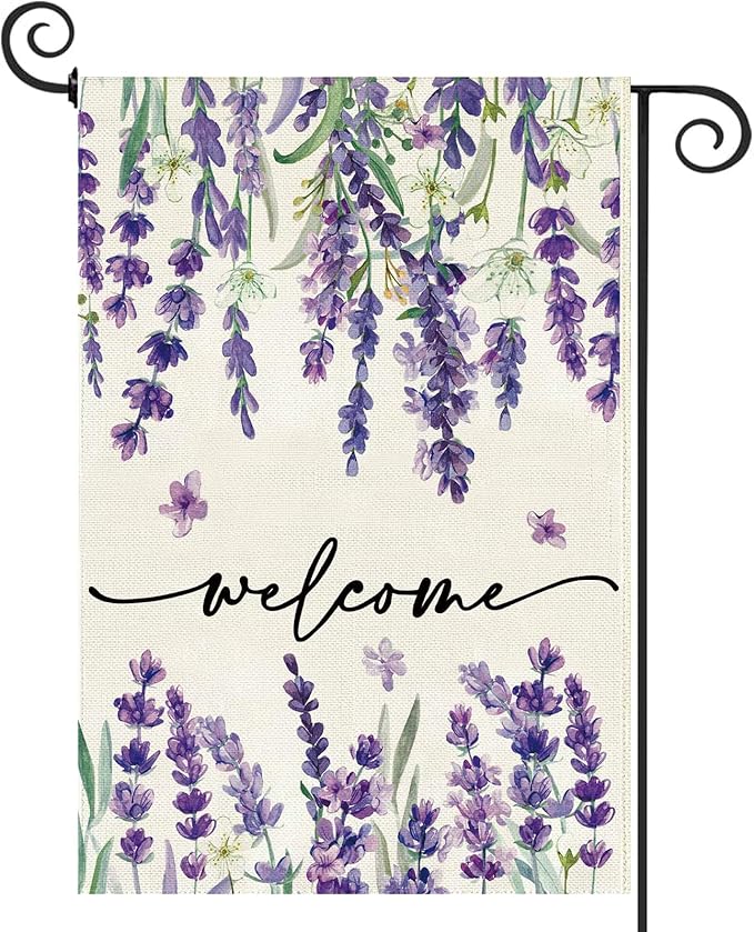 Baccessor Spring Summer Welcome Floral Garden Flag 12.5 x 18 Inch Double Sided Burlap Lavender Purple Flower Farmhouse Easter Small Yard Flag Holiday Seasonal Outdoor Outside Decoration