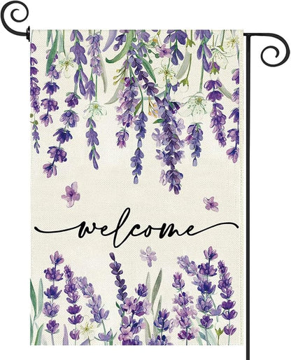 Baccessor Spring Summer Welcome Floral Garden Flag 12.5 x 18 Inch Double Sided Burlap Lavender Purple Flower Farmhouse Easter Small Yard Flag Holiday Seasonal Outdoor Outside Decoration