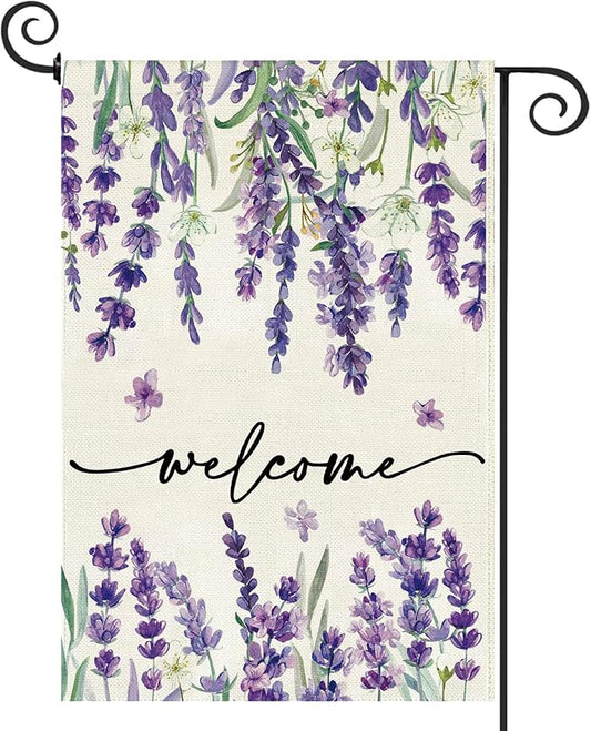 Baccessor Spring Summer Welcome Floral Garden Flag 12.5 x 18 Inch Double Sided Burlap Lavender Purple Flower Farmhouse Easter Small Yard Flag Holiday Seasonal Outdoor Outside Decoration