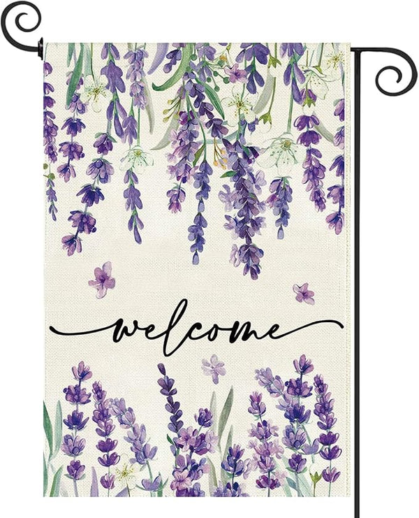 Baccessor Spring Summer Welcome Floral Garden Flag 12.5 x 18 Inch Double Sided Burlap Lavender Purple Flower Farmhouse Easter Small Yard Flag Holiday Seasonal Outdoor Outside Decoration