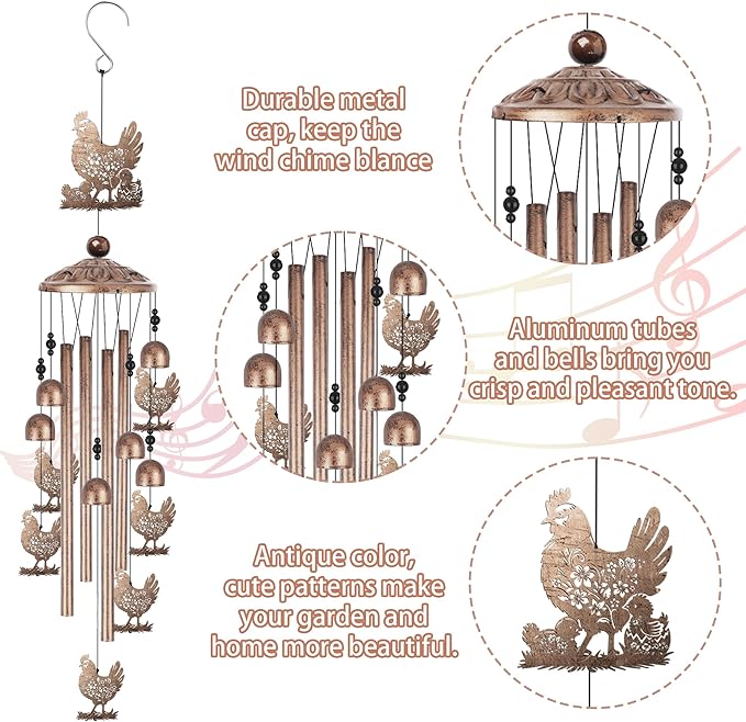 Romart Chicken Wind Chimes for Outside, Chicken Lover Gifts for Women Men Memorial Birthday, Metal Rooster Windchimes for Outdoors Indoors, Garden, Patio, Home, Porch, Yard Decorations