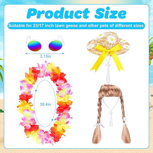 DECOHS 4 Pcs/Set Hawaiian Porch Goose Outfits, Summer Lawn Goose Statue Clothes Costume, 23"/ 17" Patio Goose Decor Hawaiian Wreath Straw Hat with Glasses Wig for Luau Party Outdoor Garden Yard Decor