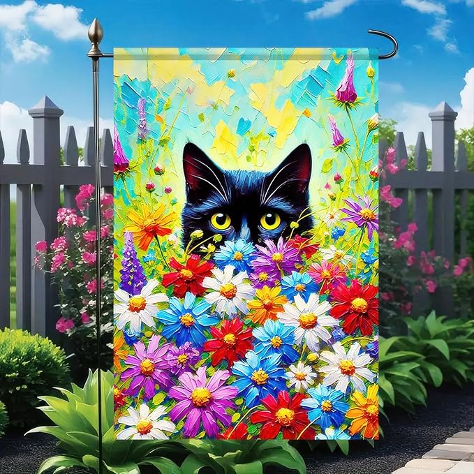 BlissYard Spring Black Cat Garden Flag 12×18 Inch Double Sided Small Black Cat Flower Floral Garden Yard Flags for Spring Summer Outside Outdoor House Decoration Banner