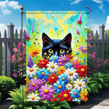 BlissYard Spring Black Cat Garden Flag 12×18 Inch Double Sided Small Black Cat Flower Floral Garden Yard Flags for Spring Summer Outside Outdoor House Decoration Banner