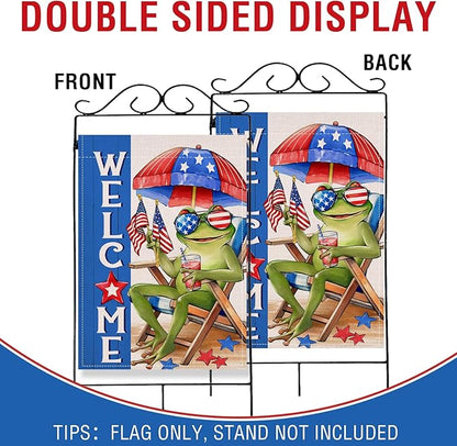Artofy Welcome 4th of July Frog Large Decorative House Flag, Patriotic Beach Chair Sunshade America Yard Garden Outside Decor, Coastal American USA Burlap Outdoor Home Decoration Double Sided 28 x 40