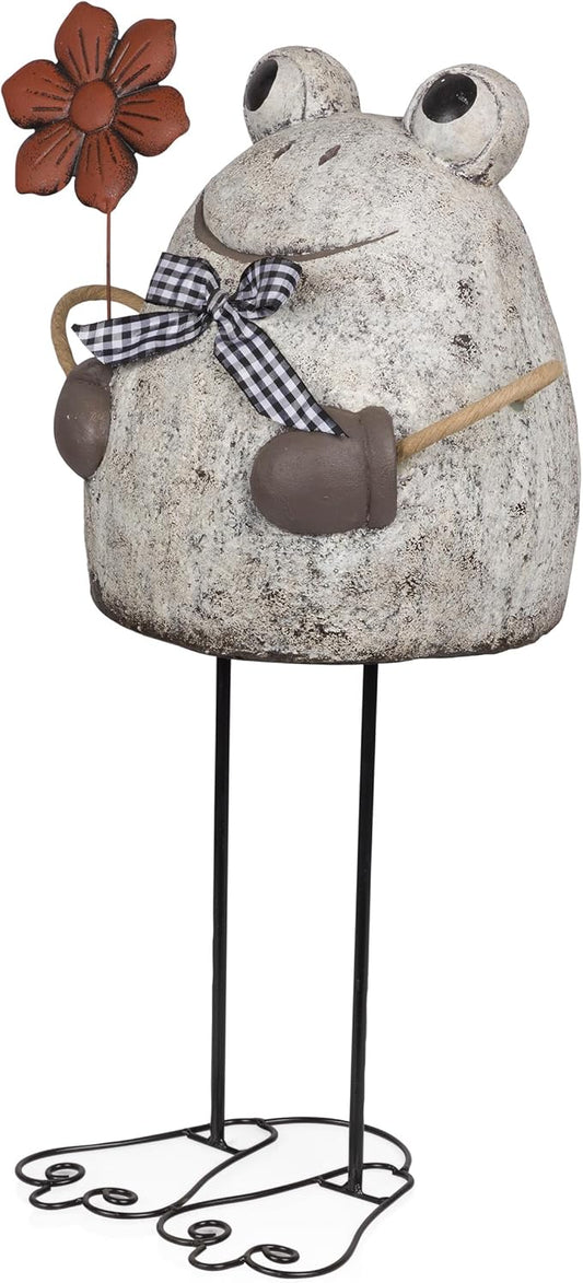Alpine Corporation MCC860 Indoor/Outdoor Frog with Flower Garden Statue, Stone Finish Frog Statue for Yard, 24" H, Silver