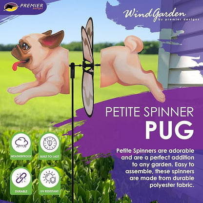 Premier Kites Petite Spinner Pug – Whimsical Wind Spinner for Yard & Garden, Durable Weather-Resistant Fabric, Easy to Assemble, Outdoor Decor for Patios, Lawns, & Fairy Lovers