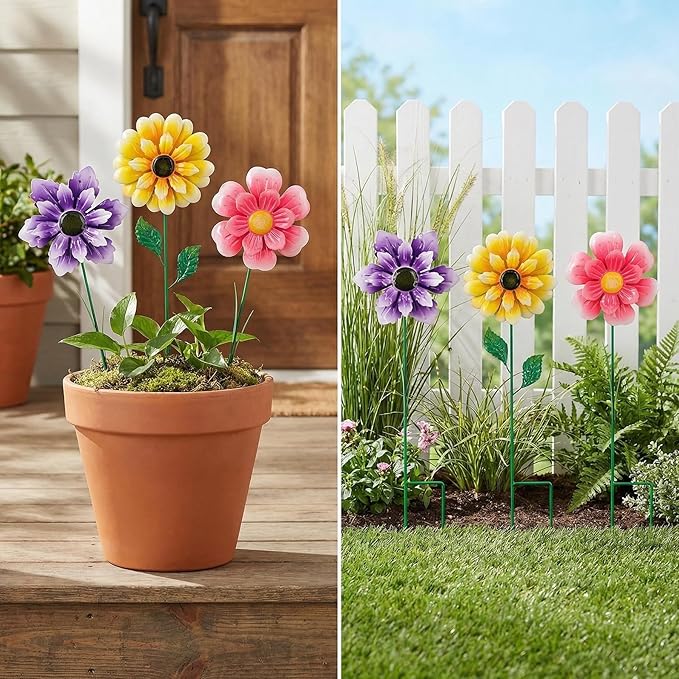 3pcs 18inch Metal Flower Decorative Garden Stakes & Wind Spinner for Outdoor, Colorful Yard Art Garden Decorations for Outside Lawn Porch Pathway Patio.