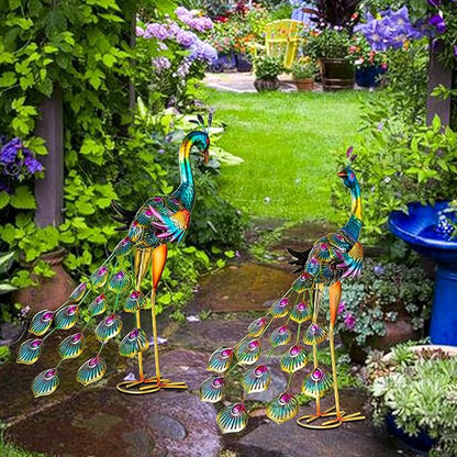 Peacock Garden Statues Metal Peacocks Sculptures for Outdoor Backyard Decor Patio Lawn Porch Yard Decoration (Pack of 2, Blue)