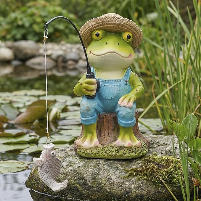 Elenon Fishing Frog Garden Statue, 9" Hat Frog with Pole Decor for Koi Pond Waterfalls, Adorable Flower Bed Outdoor Yard Patio Art Decorative Sculptures Table Ornament