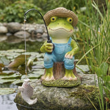 Elenon Fishing Frog Garden Statue, 9" Hat Frog with Pole Decor for Koi Pond Waterfalls, Adorable Flower Bed Outdoor Yard Patio Art Decorative Sculptures Table Ornament