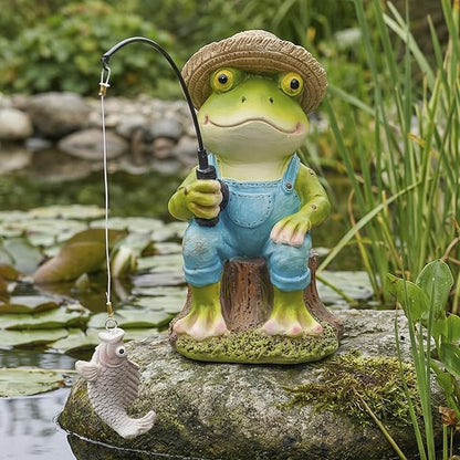 Elenon Fishing Frog Garden Statue, 9" Hat Frog with Pole Decor for Koi Pond Waterfalls, Adorable Flower Bed Outdoor Yard Patio Art Decorative Sculptures Table Ornament