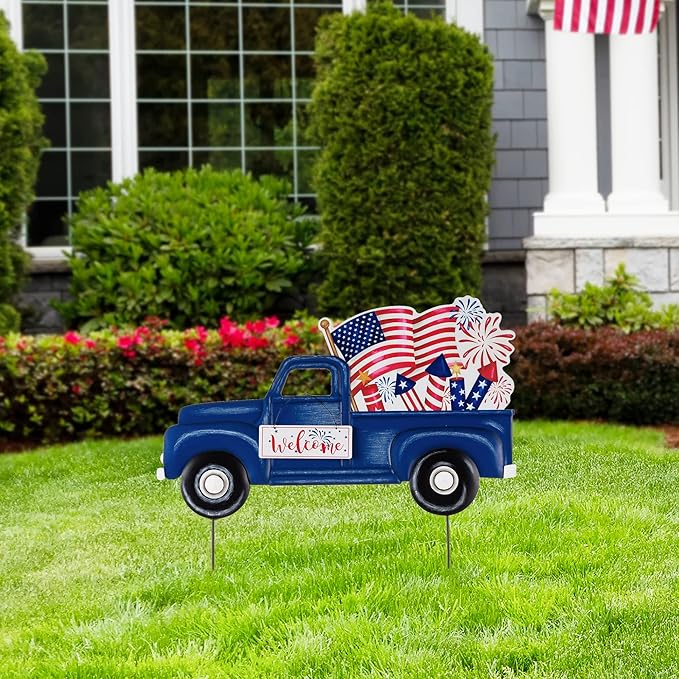 Glitzhome 23.75" H Metal Truck Patriotic Garden Yard Signs with Stake, 4th of July Welcome American Holiday Wall Outdoor Backyard Party Patriot's Day Decon