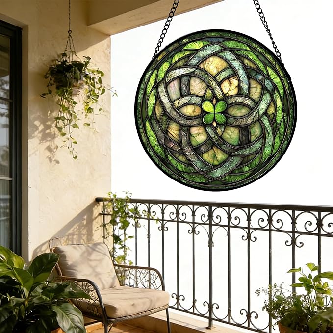 DASTOLL Stained Glass Window Hanging, Abstract Green Clover Sun Catchers Colorful Glass Panel Bless Suncatcher Decor for Birthday for Women, Men, Wife, Aunt, and Mom 7.8 in