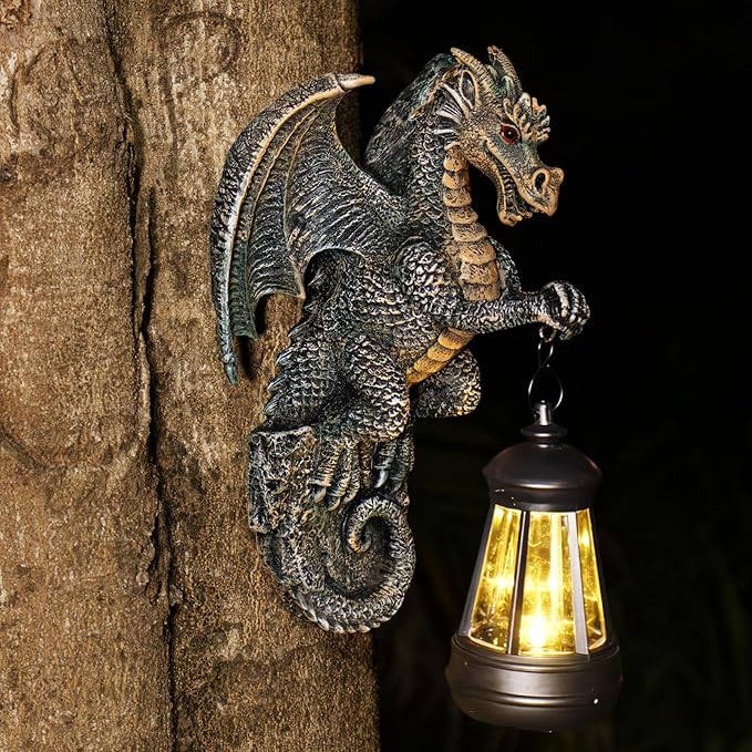 Solar Dragon Lamp Garden Statue - Outdoor Medieval Fantasy Decoration for Garden, Yard Art & Lawn Ornaments, Weather-Resistant Solar Lantern Figurine Gift