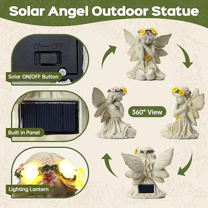 Solar Angel Garden Statue Outdoor Decor, Angel Figurines with Garland Flower Light, Cemetery Decoration for Grave, Yard, Patio, Balcony, House Warming Birthday Gifts for Women, Mom, Grandma