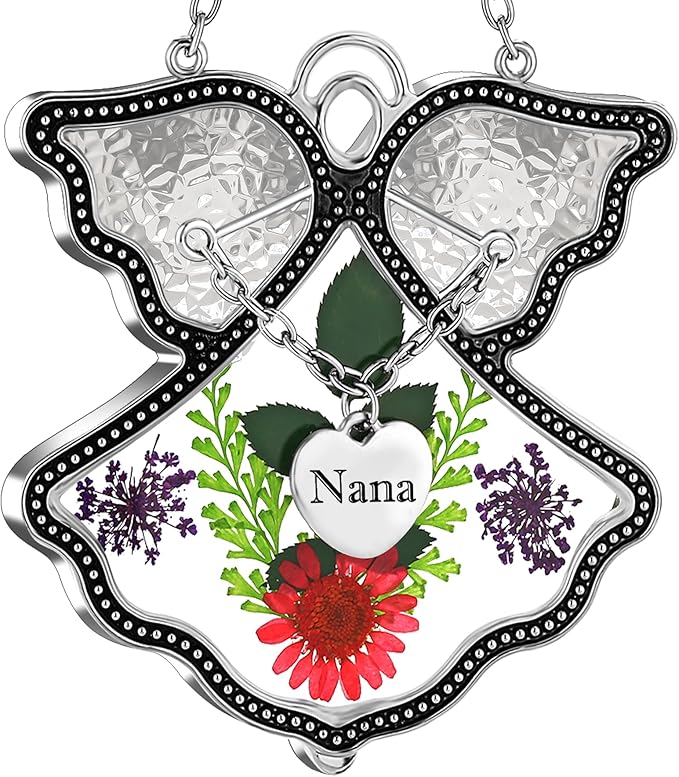 KY&BOSAM Angel Suncatcher Nana Stained Glass for Windows Hangings Wind Chime Home Decor with Pressed Drived Flower in Glass and Metal Charm Birthdays Gifts for Nana Mothers Day Valentines Christmas