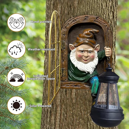 Fairy Garden Statues Gnomes Solar Lantern - Halloween Elf Out The Door Tree Hugger Figurines Fence Wall Yard Art Home Decor Outdoor Tree Face Sculpture, Ideal Thanksgiving Decorations